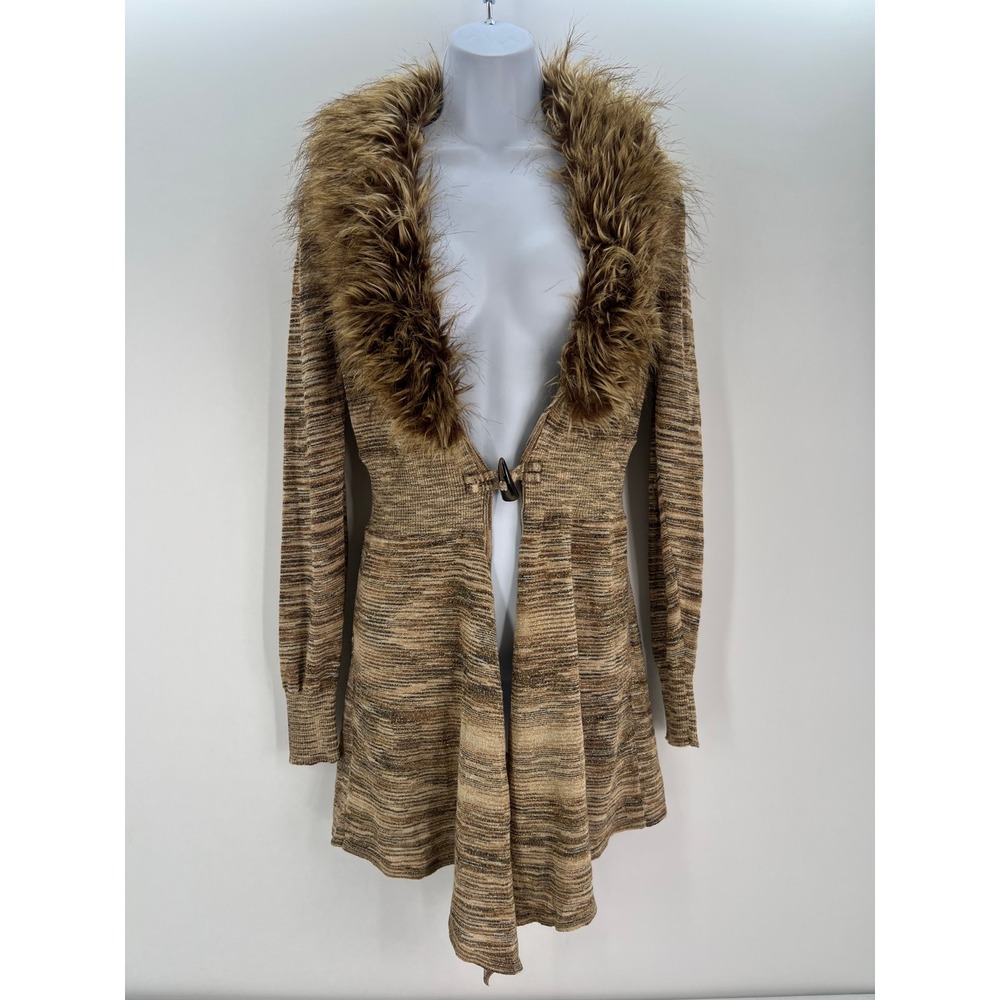 Focus 2000 M Brown Shimmer Knit Faux Fur Trim Penny Lane Y2K Duster Cardigan